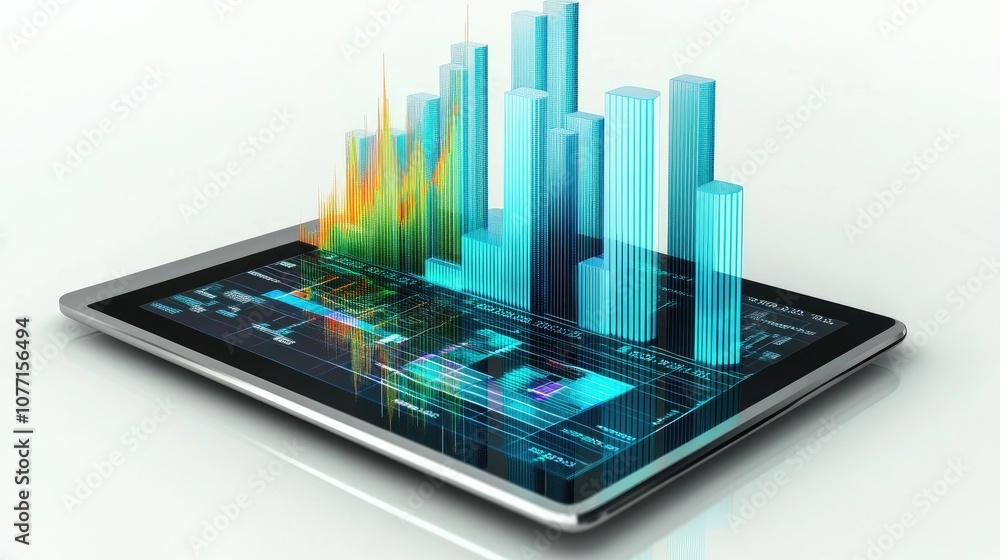 Poster futuristic digital tablet displaying vibrant 3d data visualization with colorful bar graphs and mark