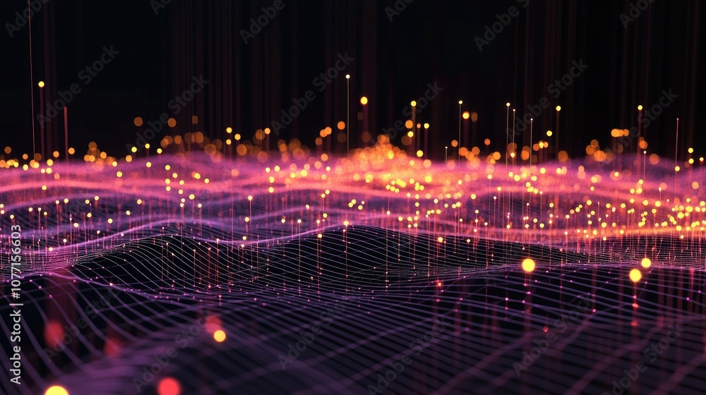 Poster abstract digital landscape with glowing particles and lines representing data flow in technology, sc