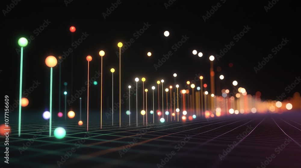 Poster vibrant data visualization with colorful dots and lines representing analytics and statistics on a d