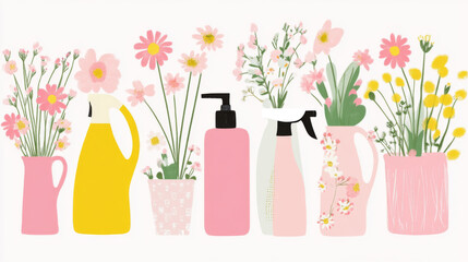 Bottles with spray and flowers on white background for cleaning concept