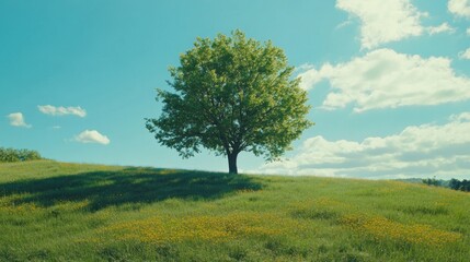 Obraz premium A solitary tree stands on a grassy hill under a bright blue sky with fluffy clouds.
