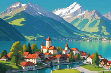 travel poster style Swiss village on lake with mountains