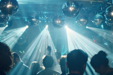 People dancing under disco balls with colorful lights and vibrant nightlife