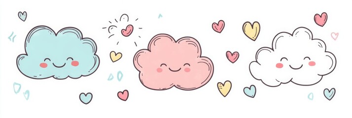 Obraz premium This charming cartoon design features cheerful pastel clouds with playful hearts, making it perfect for childrens illustrations and decor that inspires creativity and spreads joy