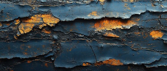 Naklejka premium Textured Close-Up of Peeling Paint Revealing Layers of Blue and Orange Hues on a Rough Surface for Artistic and Creative Backgrounds