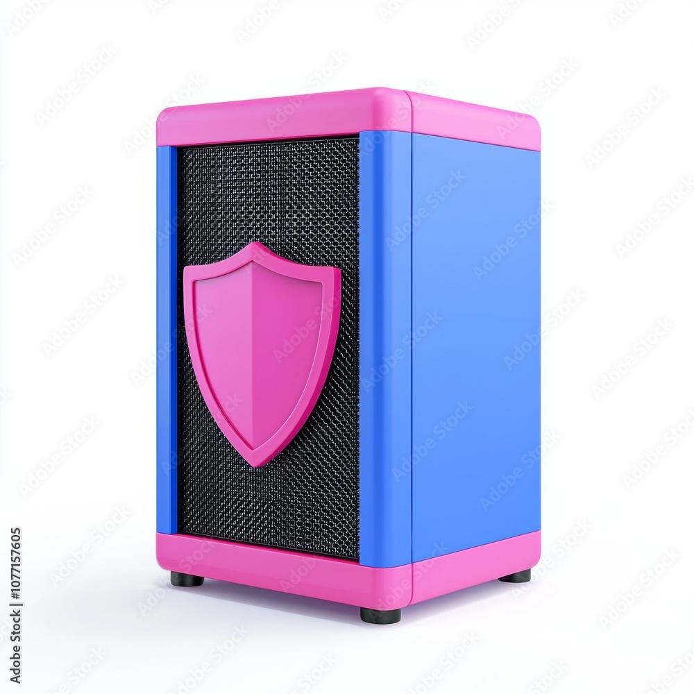 Poster data security and modern technology is represented by a futuristic server stack with glowing neon li
