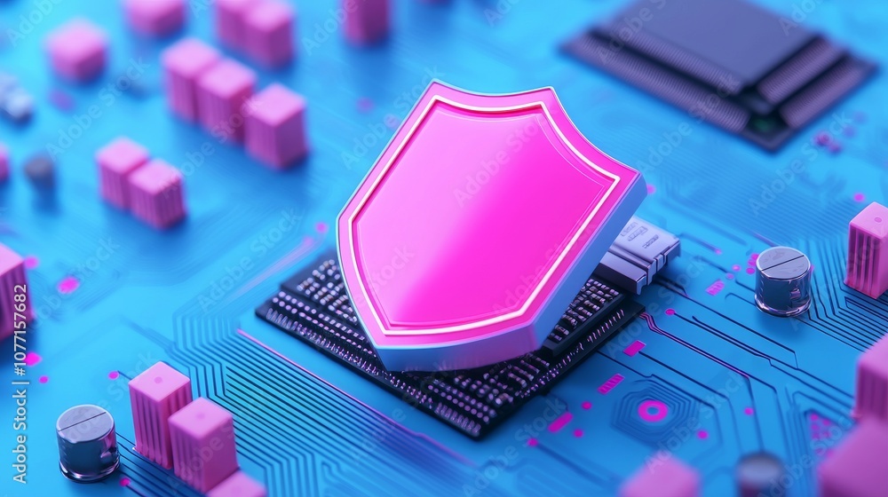 Poster conceptualized futuristic cybersecurity concept depicting a shield icon on a microchip, representing