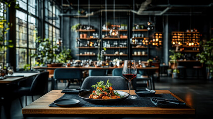 Fototapeta premium A stylish restaurant setting featuring a beautifully plated dish and a glass of wine, surrounded by modern decor and ambient lighting.