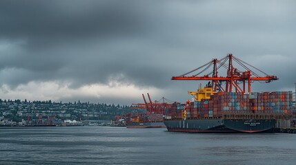 Fototapeta premium Cargo Ship Docked at a Port Under a Cloudy Sky
