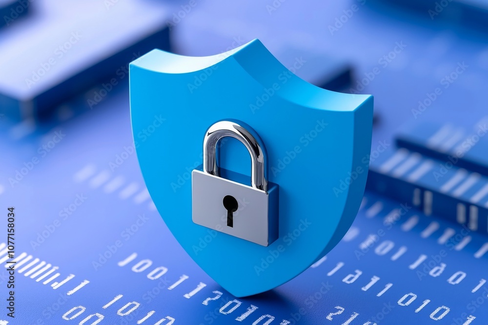 Poster an illustration of a cybersecurity and data privacy protection concept, a lock, and binary digits in