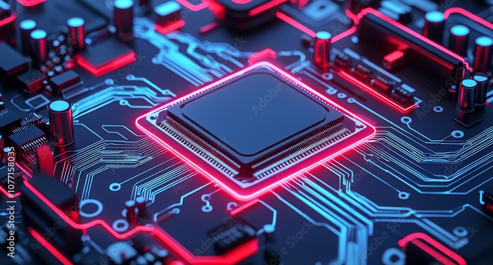 Poster technology of electronic computer hardware. digital chip on the motherboard. applications of tech sc