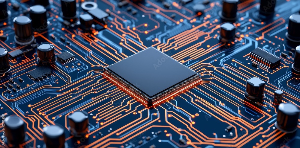 Poster this is a concept image of quantum technology, a quantum chip, a part of a quantum computer.