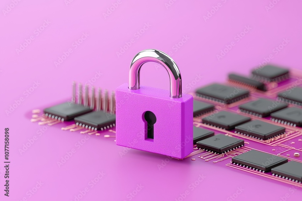 Poster an image of a padlock on the motherboard of a computer and the keyboard. information security concep