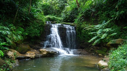 Obraz premium Hidden waterfalls, lush forest, untouched beauty, secret retreat, calm surroundings.