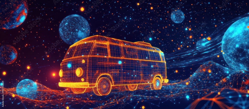 Poster abstract image of surfer van in the form of a starry sky or space, consisting of points, lines, and 