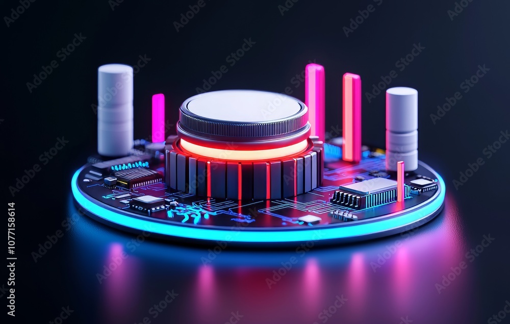 Poster concept of three-dimensional illustration of futuristic cpu and processor, quantum computing and mac
