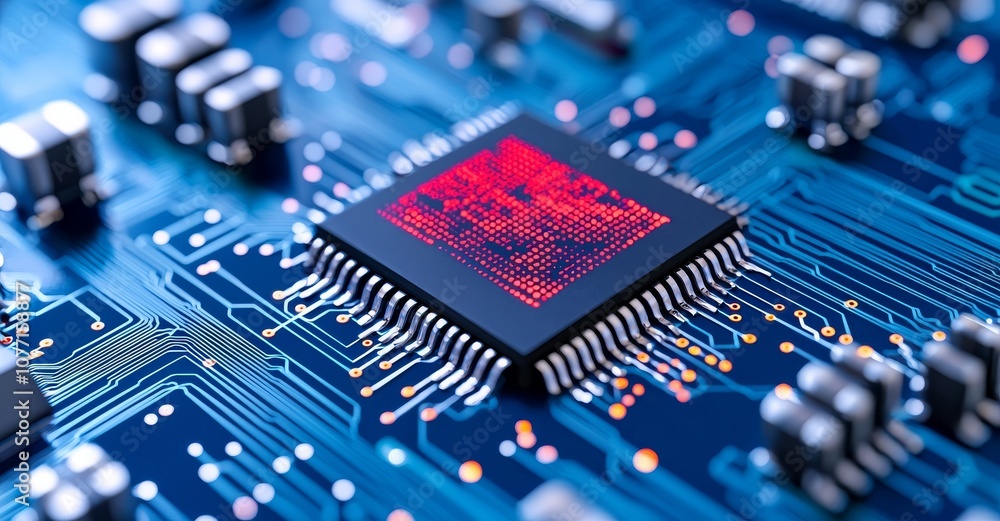 Poster 3d render of an abstract technical background composed of printed circuit boards, depth of field eff