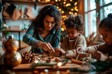 Fototapeta premium AI generated photo with a family creating homemade gifts and Christmas decorations. On a cozy home background in front of Christmas tree and lights