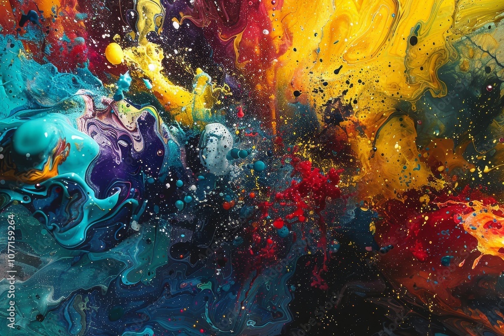 Poster a riot of colors splashed across an abstract painting, creating a chaotic and vivid composition, vib