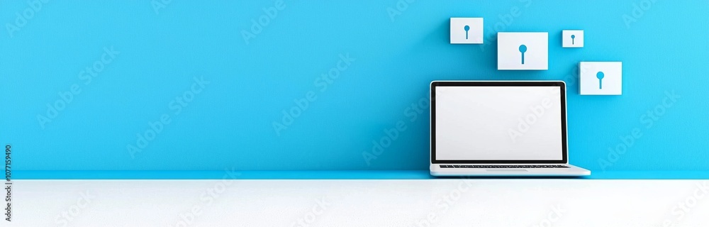 Poster laptop with padlock, access to business data network through scanning and password. cloud. biometric