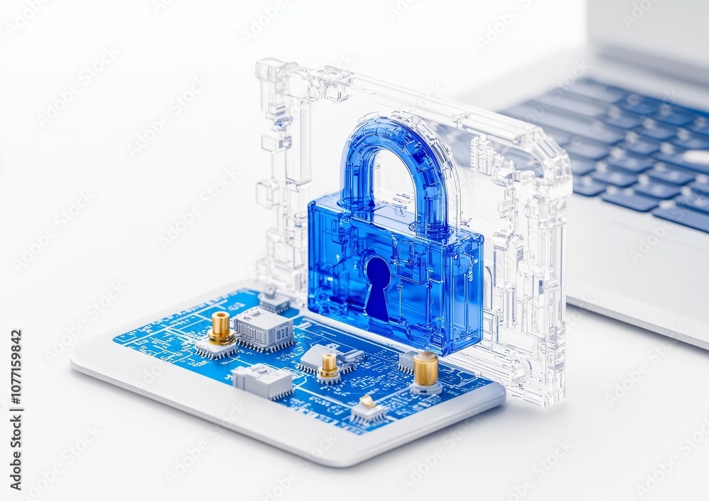 Poster in this concept image, generative ai technology is used by an electronic padlock in front of a lapto