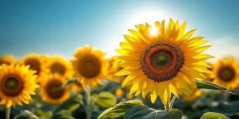 Obraz premium Vibrant Sunflower Field Photo with Sunlight Shining Through