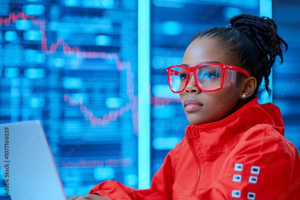 Poster laptop, network, and data center with a black female it support engineer in a dark room. computer, c