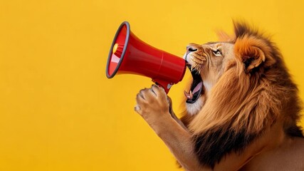 A lion roaring through a megaphone to promote great offer over yellow studio background, copy space