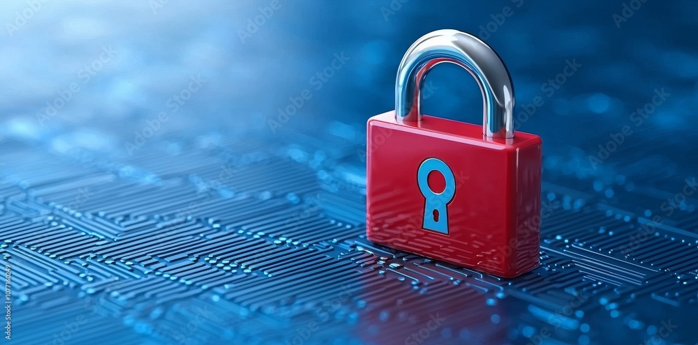 Poster featuring a digital padlock on an abstract dark background with virtual fog and space for advertisin