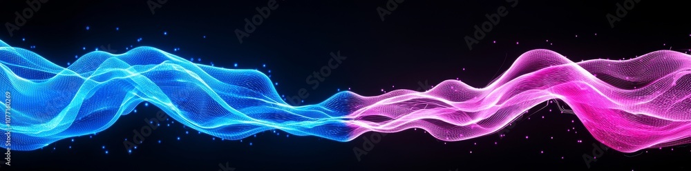 Poster an illuminated neon glow illuminates a futuristic background with holographic network graphs, displa