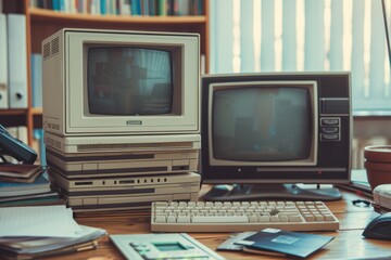 An old computer sits atop a wooden desk with floppy disks nearby, Vintage computer setup with a stack of floppy disks