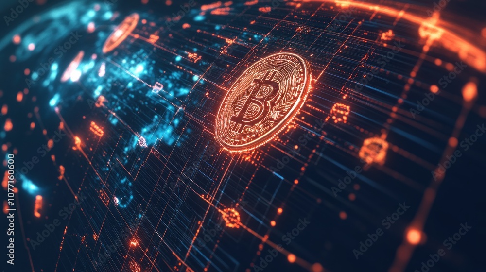 Poster a golden bitcoin coin embedded in a digital network