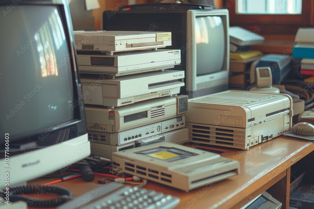 Poster a collection of vintage computers and stacks of floppy disks on a desk, vintage computer setup with 