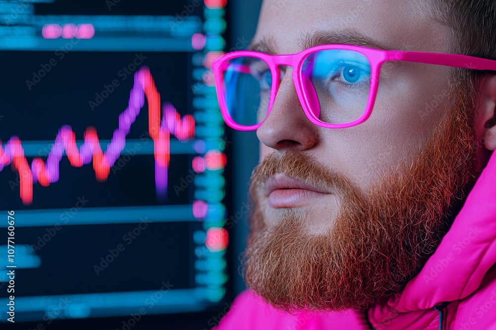 Poster in the background, you can see a computer, a code hologram, and a man thinking of data analysis, cyb