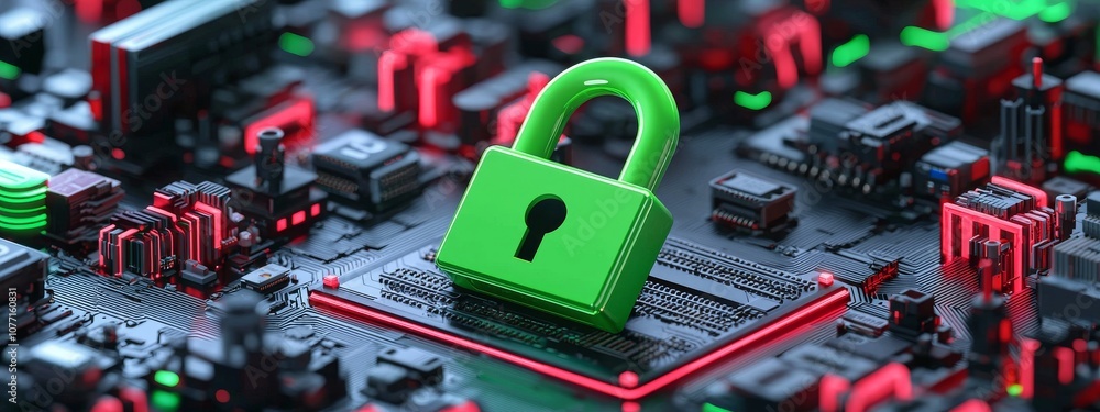 Poster cybersecurity connection or cybersecurity service concept focusing on a closeup of the compute mothe