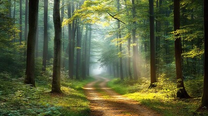 Obraz premium Misty forest path, towering trees, ethereal atmosphere, quiet serenity.