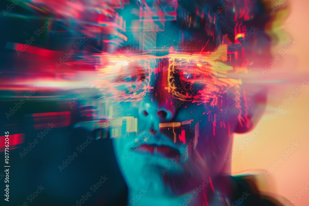 Poster a man with a futuristic expression on his face, virtual reality elements glitching in and out of foc