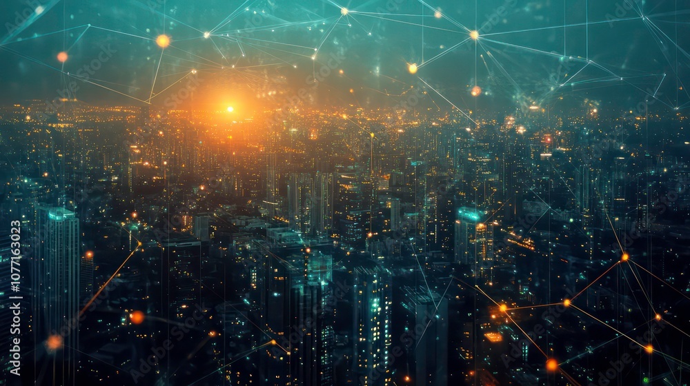 Poster a glowing cityscape at night with network connections and data flowing.