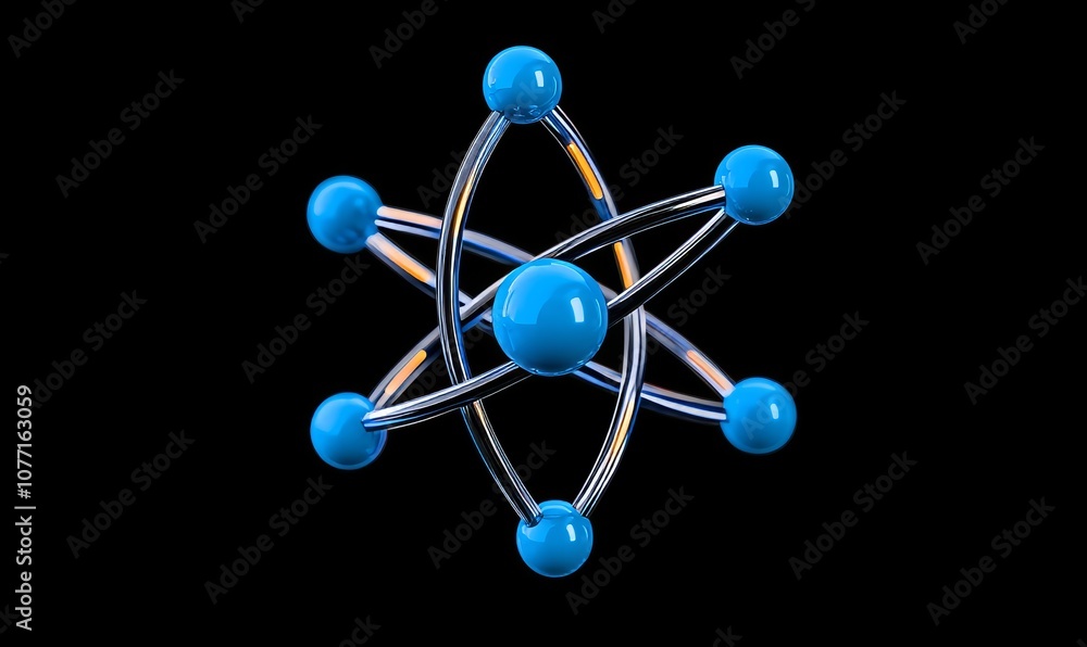 Poster electrons flying through an atom model on a science technology background