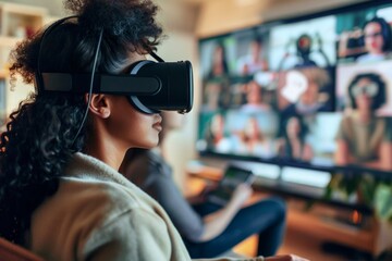 A woman wearing a virtual reality headset while interacting with a virtual environment displayed on a TV screen, Virtual team building activities and exercises