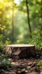 Elegant Outdoor Podium Nestled Amidst Nature: A Scenic Backdrop of Mountains and Blooming Flowers for Engaging Product Presentations