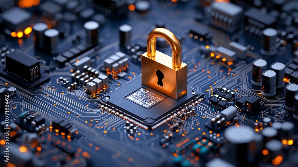 Poster cybersecurity concept, processor-driven electronic circuit board, blockchain technology
