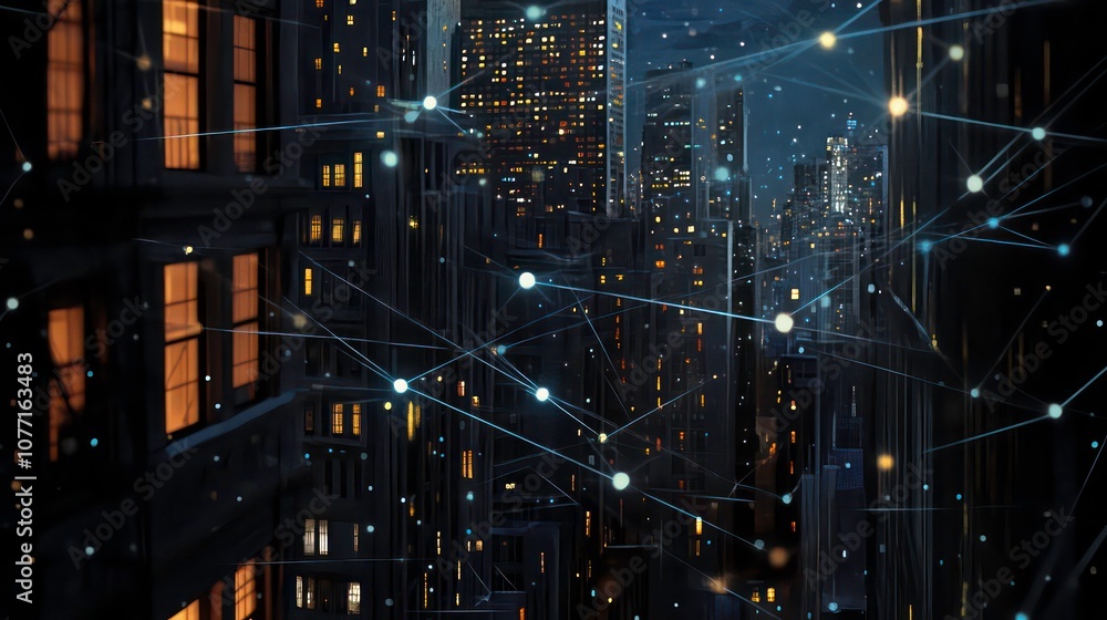 Poster city skyline with illuminated highways and digital network connections at dusk.