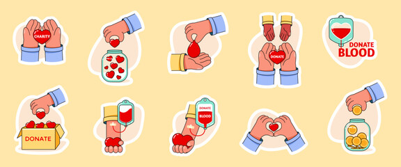 Set of colored stickers blood donation, charity and volunteering. Vector illustration.