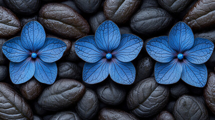 Fototapeta premium Blue flowers arranged on dark pebbles create serene and elegant background. contrast highlights intricate details of petals, evoking sense of calm and beauty