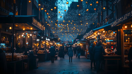 A bustling New Years Eve street market with vendors selling hot drinks holiday treats and glowing lights overhead.