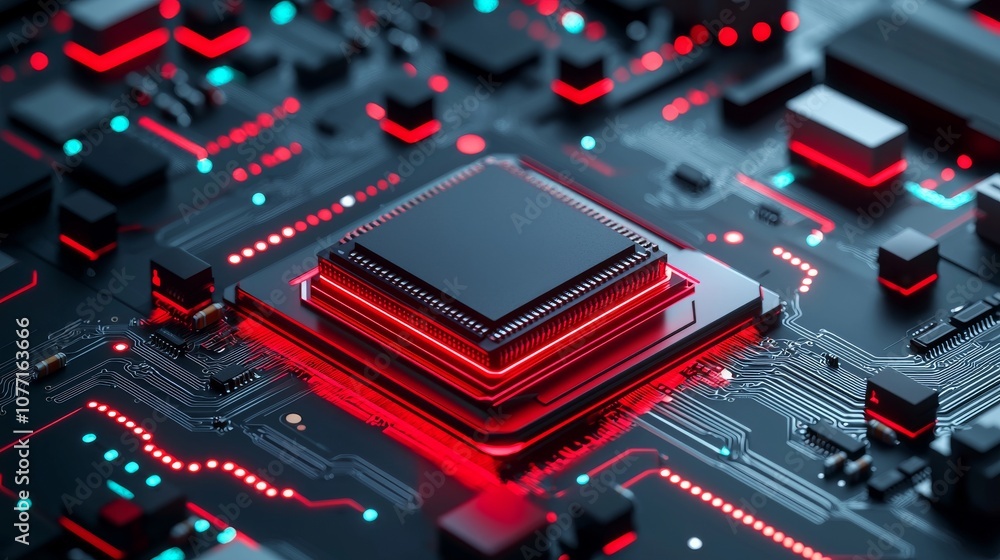 Poster close-up view of a circuit board with blue neon lights attached to the microchip for ai and data net