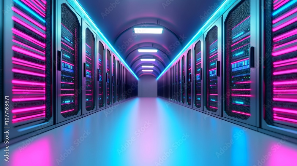 Poster server racks and cryptocurrency farms in modern data technology center. concept of internet of thing