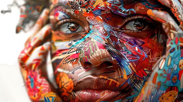 A surreal portrait of a person whose face blends elements of various global cultures, symbolizing unity in diversity