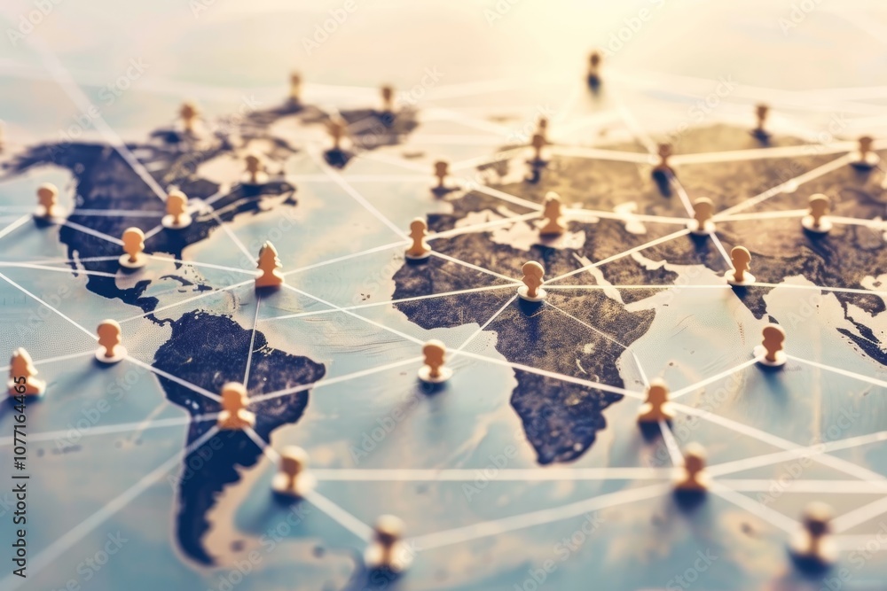 Poster a map of the world with pins marking locations, visualize a digital network connecting people from d